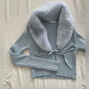 Removable Fur Collared Blue Cardigan